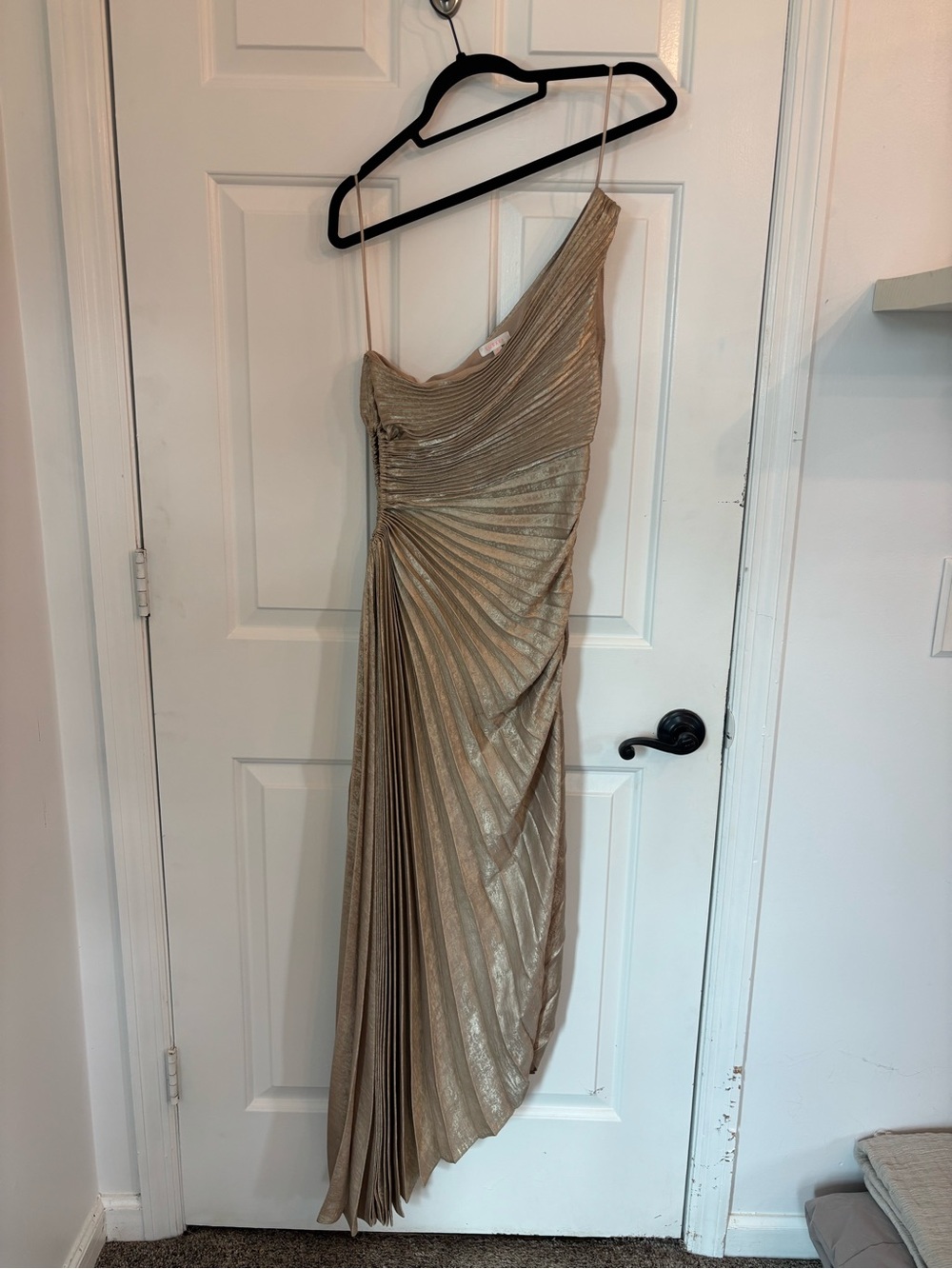 Luxxel Gold Metallic Pleated One-Shoulder Evening Dress